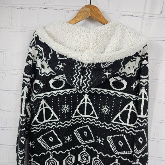 Harry Potter Hooded Sherpa Trim Knit Open Cardigan Sweater Womens L Duster Long - Picture 13 of 15